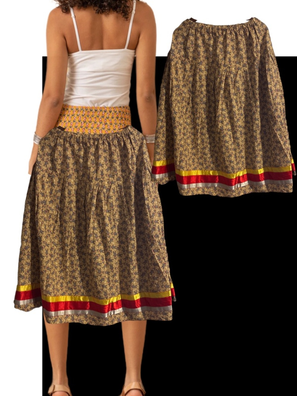 Womens SOCK Monkey A-Line Skirt with Red & Yellow Trim size M/large